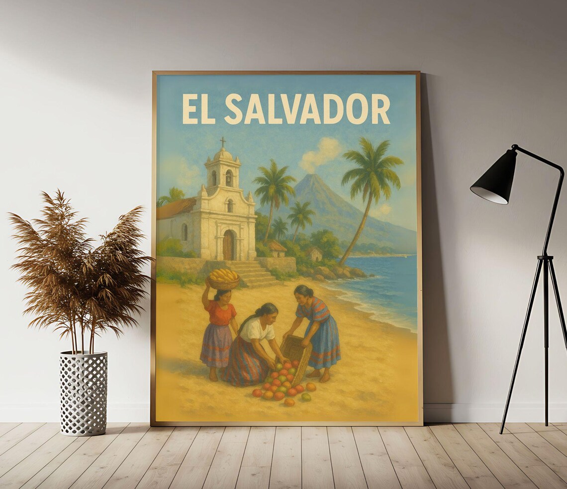 El Salvador Beach Church Fruit Harvest Coastal Travel Poster