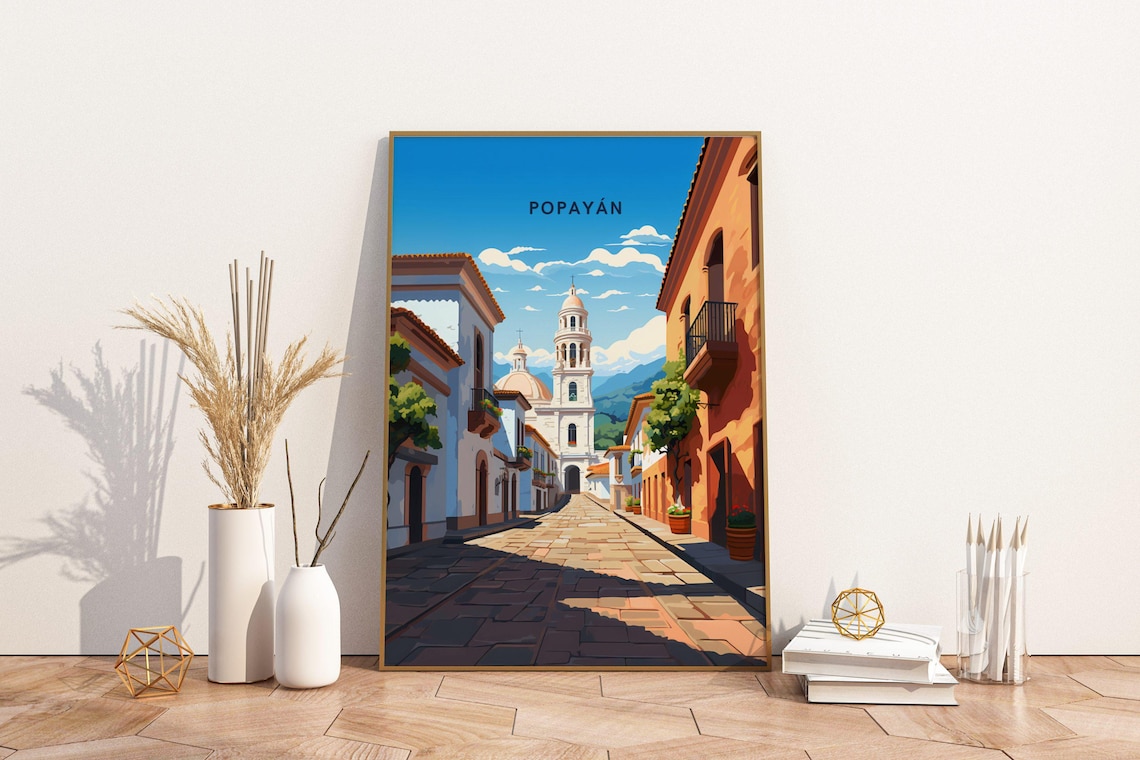 Popayan Colombia Charming Colonial Street White Church Travel Poster