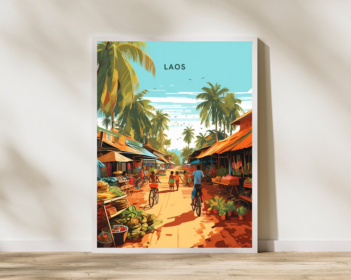 Laos Tropical Market Street Palm Trees Vintage Travel Poster
