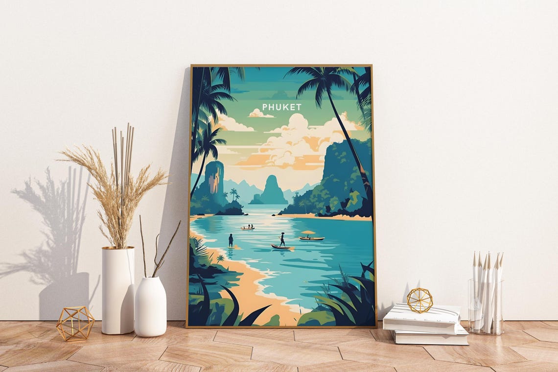Phuket Thailand Karst Bay Longtail Boats Beach Travel Poster