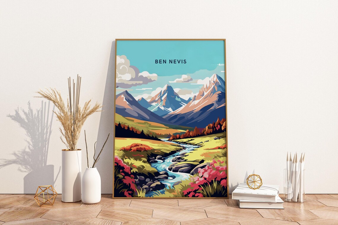 Ben Nevis Mountain Valley Vintage Travel Art Print of Scotland