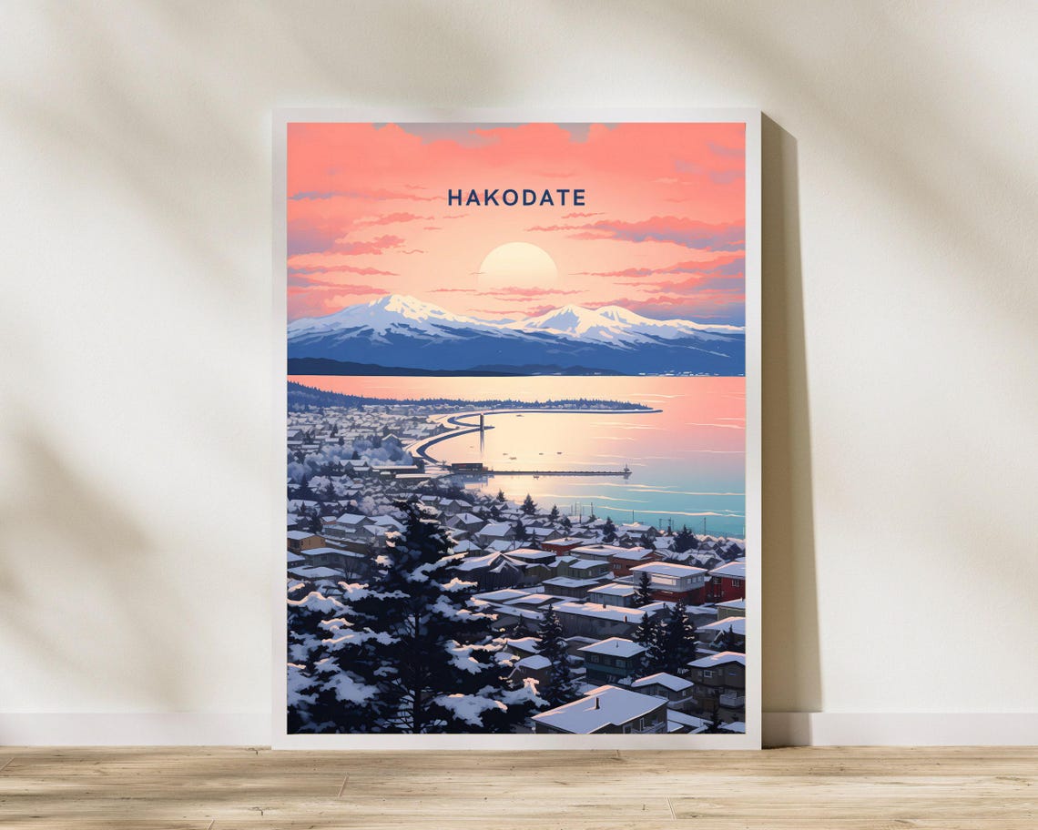 Hakodate Japan Winter Sunset Travel Poster Over Snowy Bay and Harbor