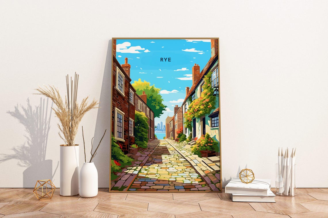 Rye England Cobbled Street Cottages Sea View Illustration Poster
