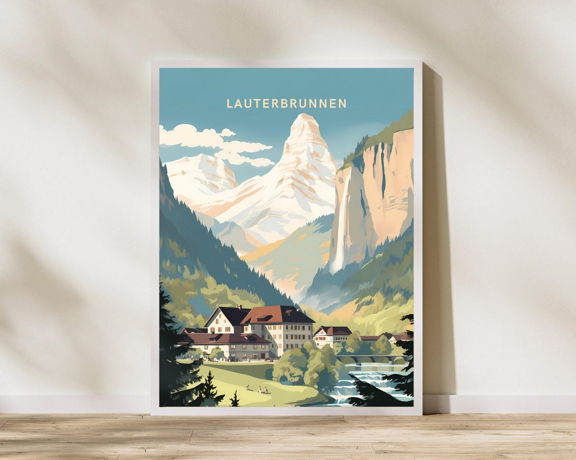 Lauterbrunnen Switzerland Waterfall Alpine Valley Scene Poster