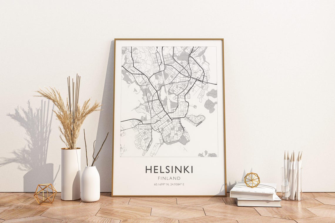 Helsinki Finland Minimalist Black White City Map Coordinates Poster