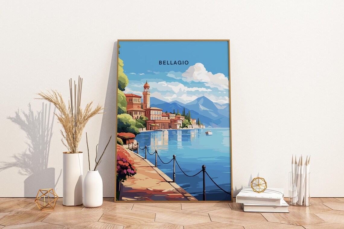 Bellagio Italy Lake Como Waterfront Town Vintage Travel Poster
