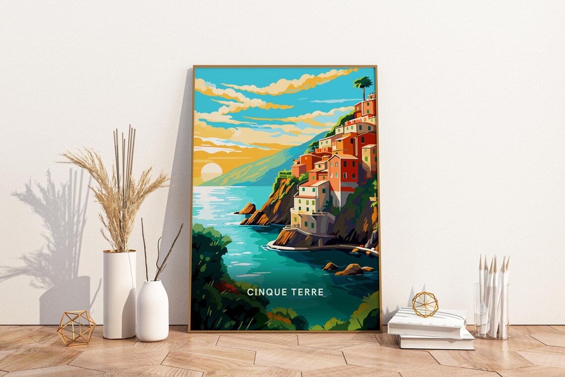 Cinque Terre Italy Sunset Cliffside Village Coastal Travel Poster