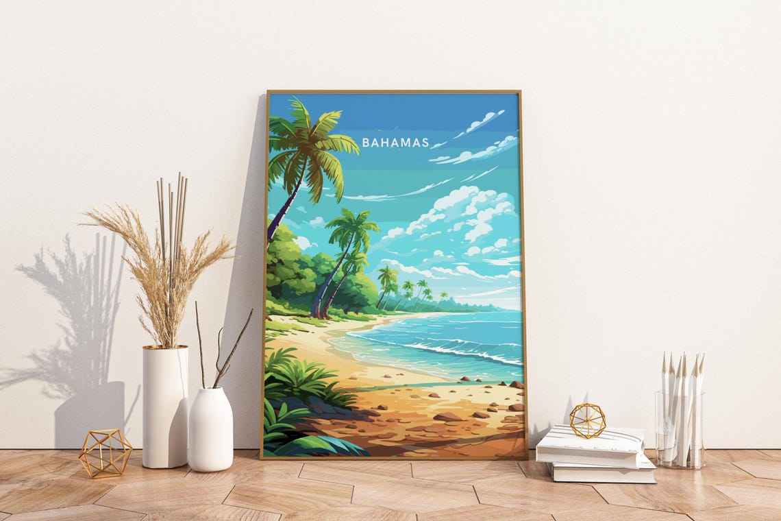 Bahamas Tropical Beach Palm Trees Turquoise Water Travel Poster
