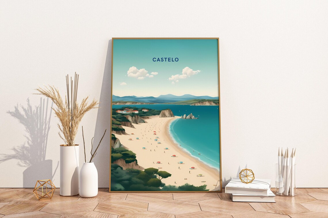 Castelo Portugal Golden Sand Beach Coastal Bay Vintage Travel Poster