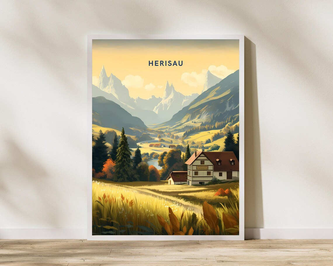 Herisau Switzerland Alpine Valley Farmhouse Golden Travel Poster