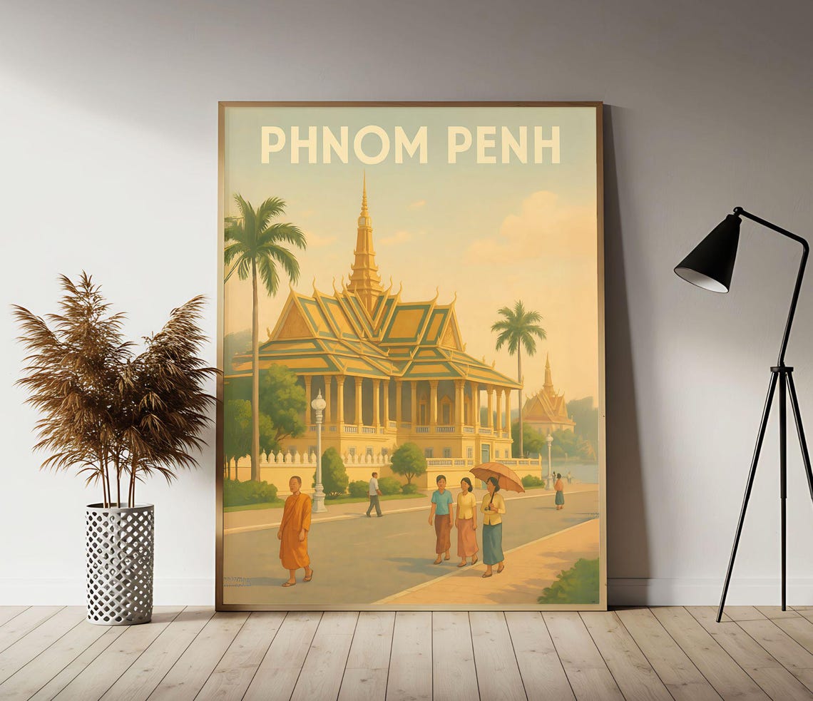 Phnom Penh Royal Palace Golden Vintage Cambodia Travel Poster