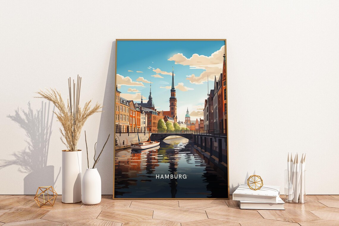 Hamburg Germany Canal Waterfront Church Spires Cityscape Poster