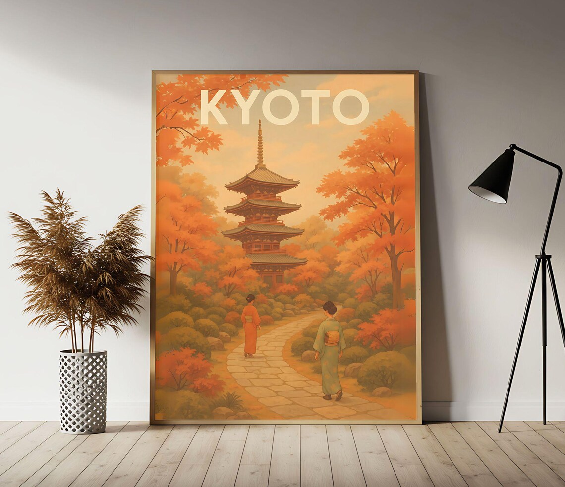 Kyoto Japan Vintage Travel Poster Autumn Pagoda Maple Retro City Art