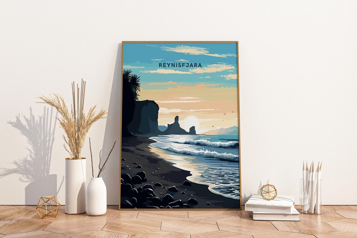 Reynisfjara Black Sand Beach Iceland Travel Poster Coastal Sunset Art