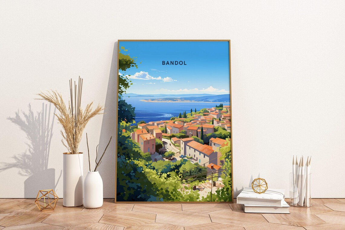 Bandol France Coastal Town Overlook Vintage Travel Poster Art