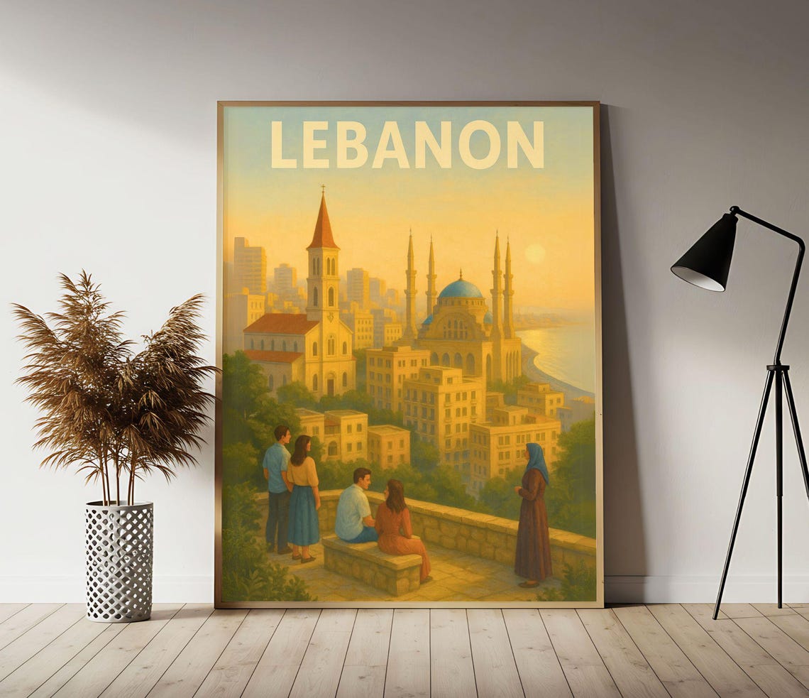 Lebanon Beirut Sunset City Mosque Terrace Golden Vintage Poster