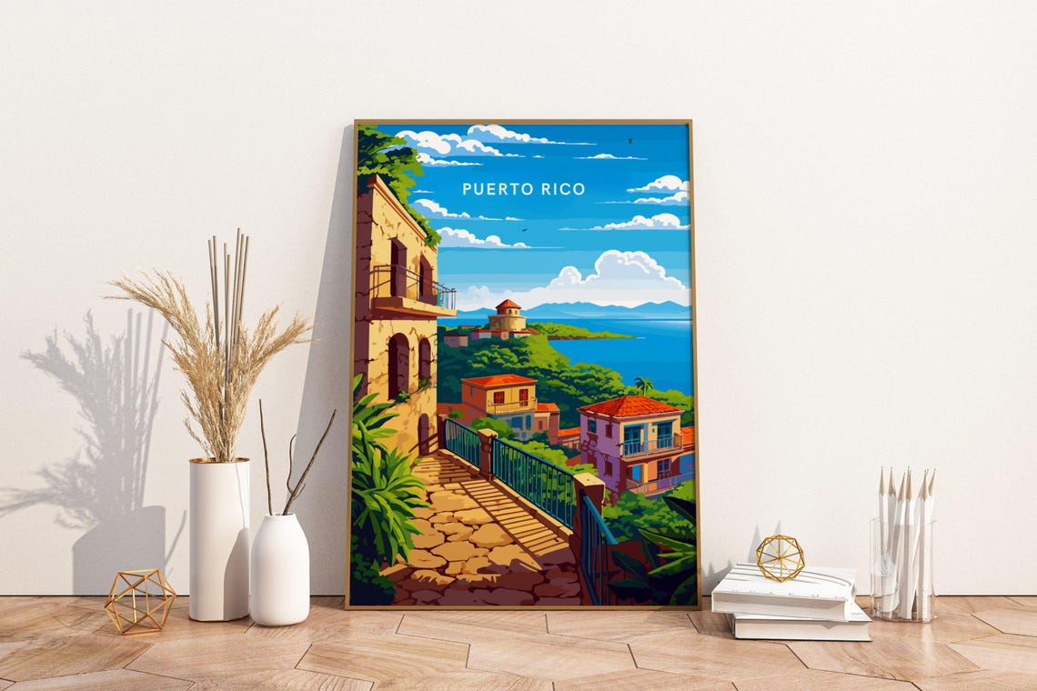 Puerto Rico Coastal Town Overlook Vintage Caribbean Travel Poster