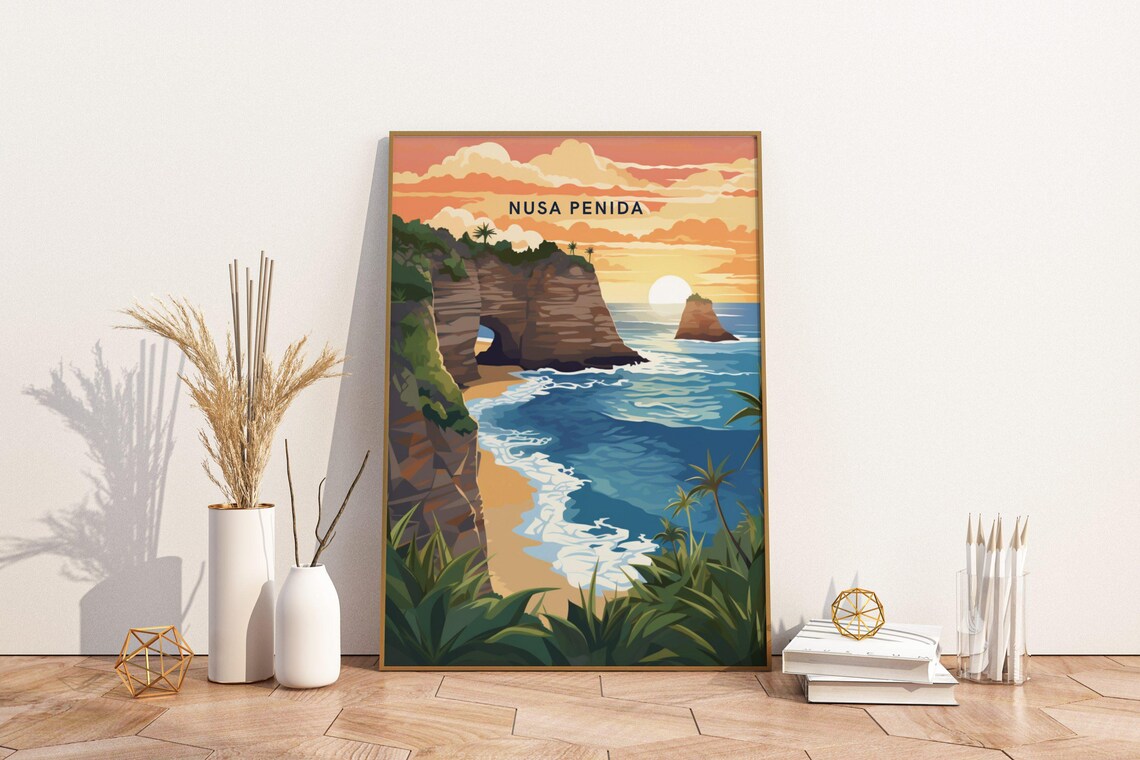 Nusa Penida Indonesia Sunset Sea Cliffs Ocean Island Travel Poster