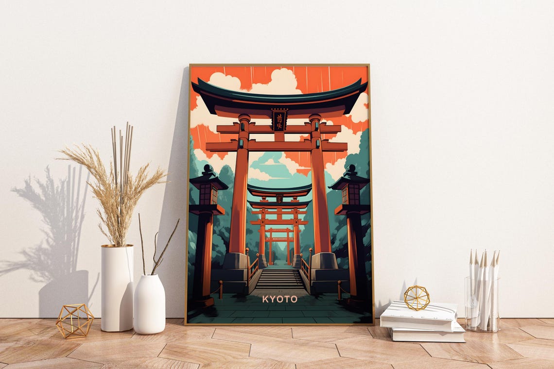 Kyoto Fushimi Inari Shrine Torii Gates Retro Japan Travel Art Poster