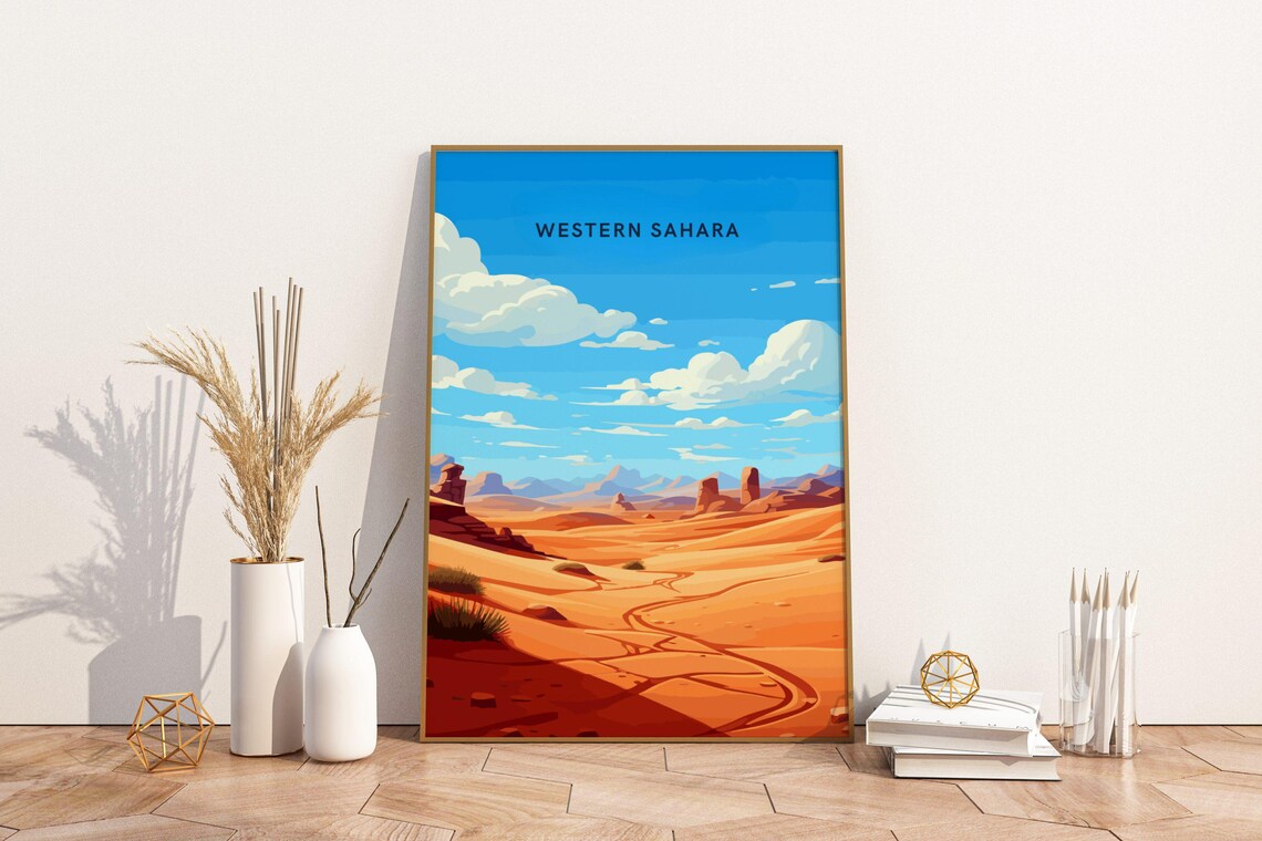 Western Sahara Desert Dunes Illustration North Africa Travel Poster