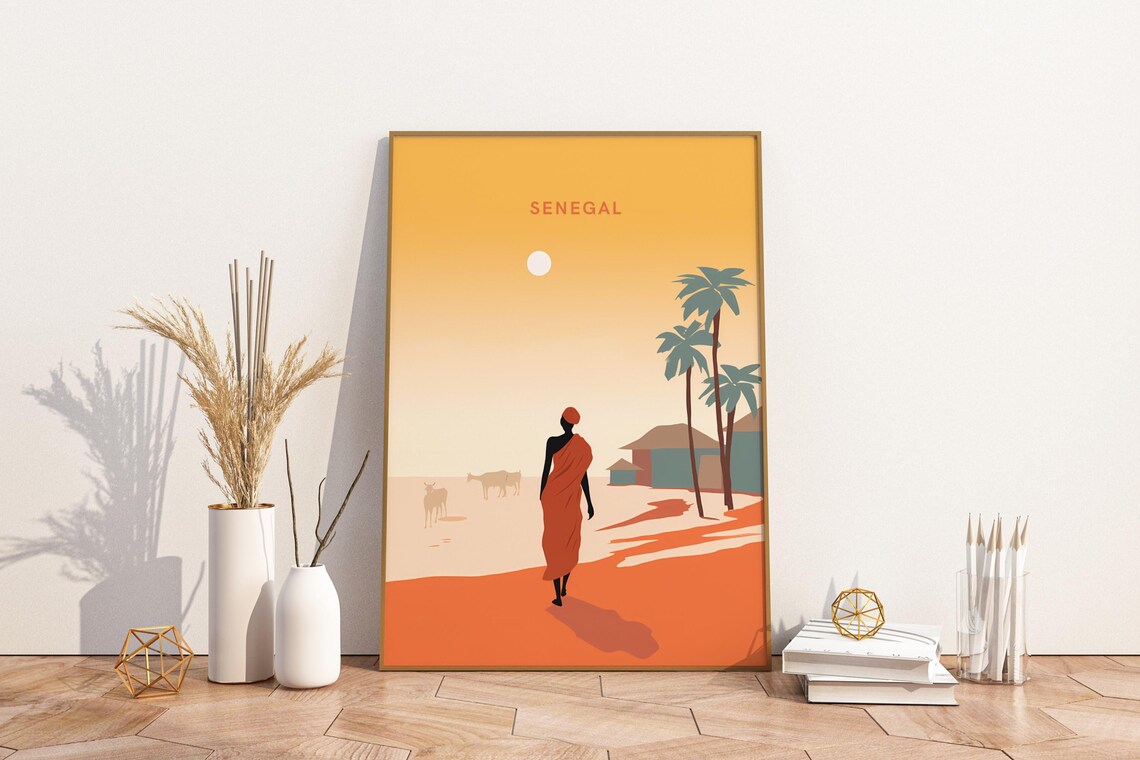 Senegal Africa Sunset Village Palms Minimalist Travel Poster