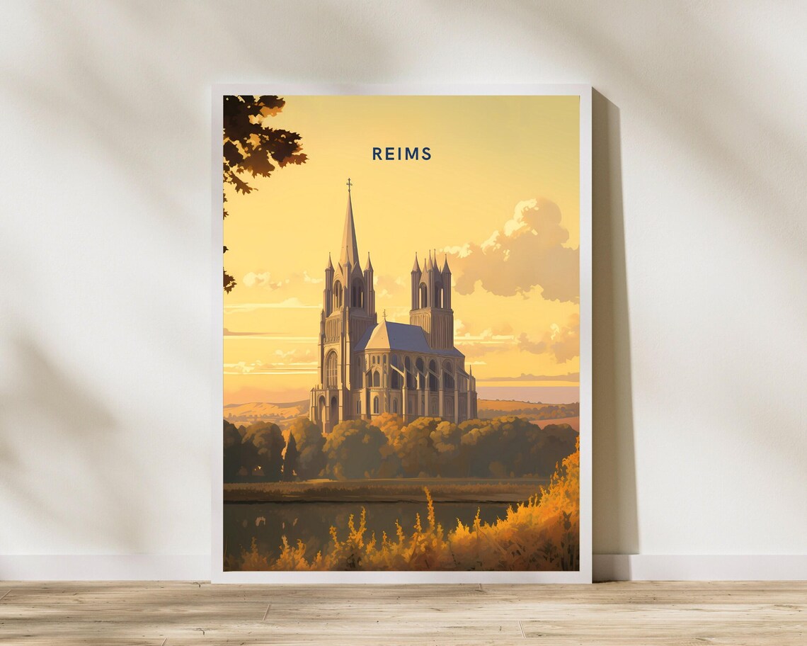 Reims France Gothic Cathedral Sunset View Vintage Travel Poster