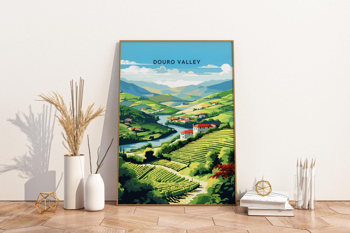 Douro Valley Portugal Travel Poster with Terraced Vineyards and River