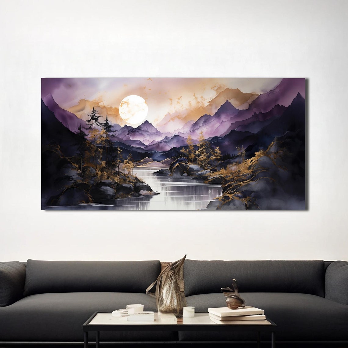 Moody Purple Mountain Moon Lake Reflection Panoramic Night Poster - Image 4