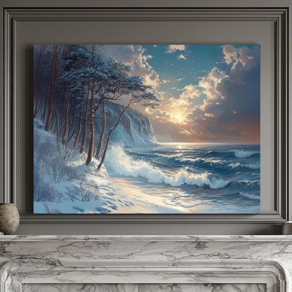 Snowy Coastal Cliffs With Crashing Waves Under Golden Sunset Clouds Wall Art