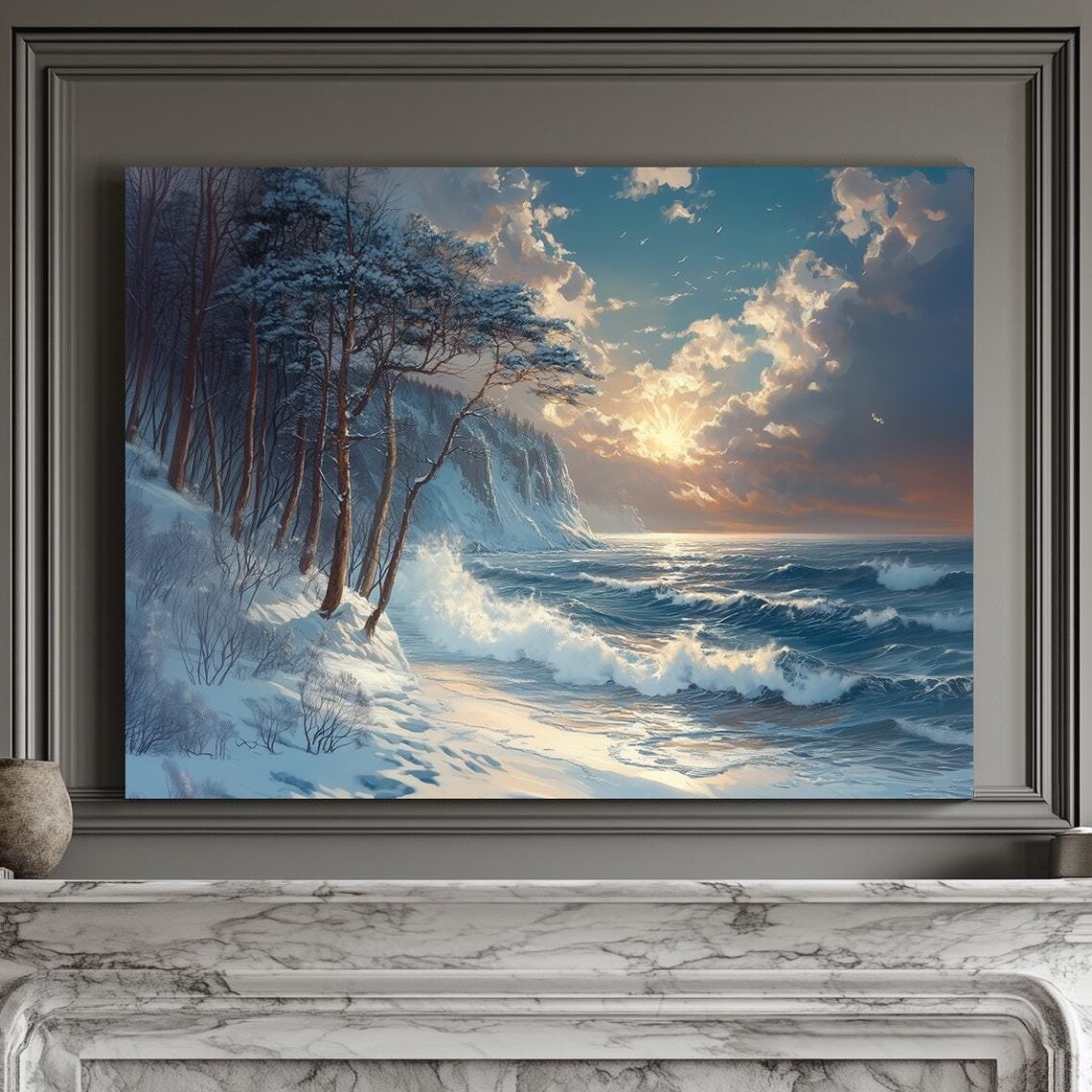 Snowy Coastal Cliffs With Crashing Waves Under Golden Sunset Clouds Wall Art