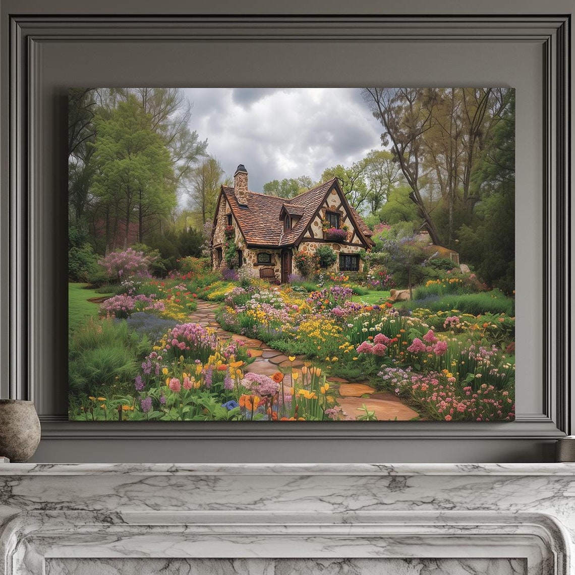 Charming Storybook Cottage Flower Garden Blooming Path Print