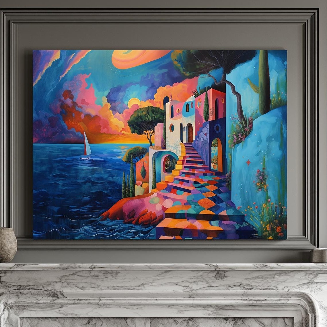 Geometric Mediterranean Coastline Stairs Sunset Landscape Print