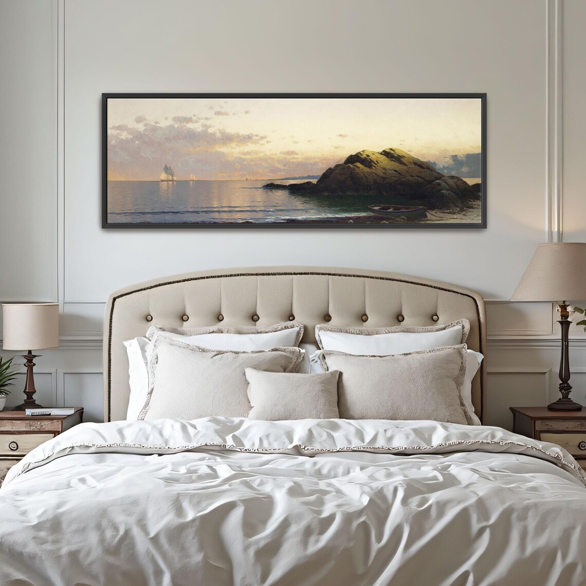 Golden Sunset Seascape With Sailboats Near a Rocky Shore Poster