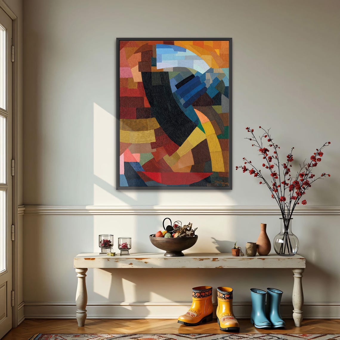 Abstract Geometric Mosaic Composition with Curved Lines Poster