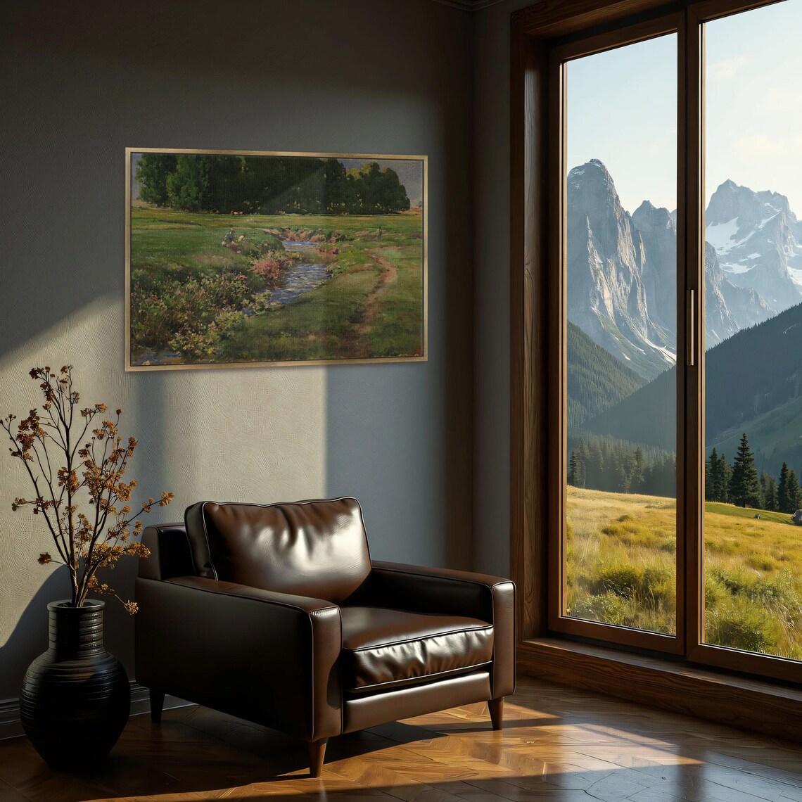 Stream Through Green Meadow Pastoral Landscape Oil Art Poster - Image 2