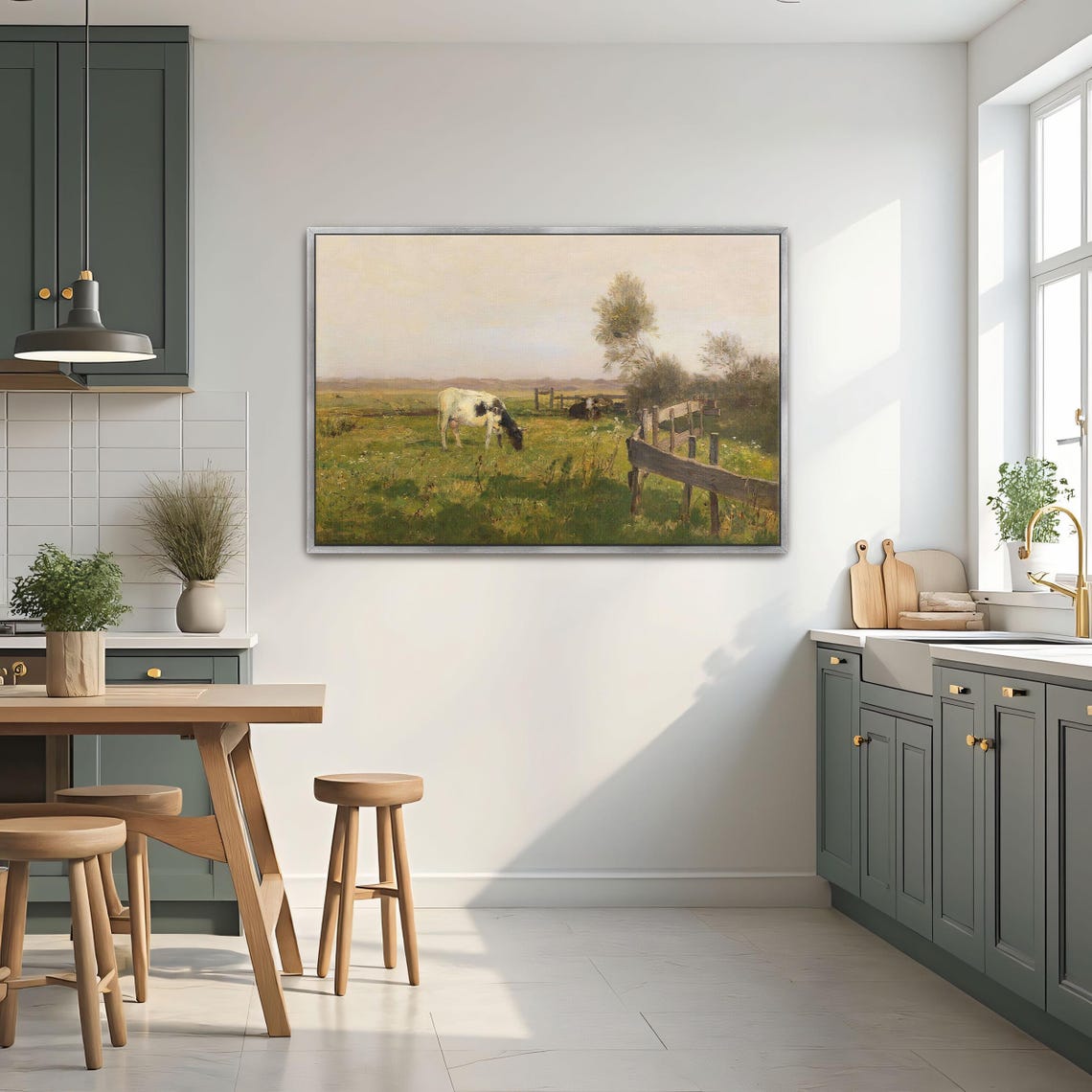 Cows Grazing in a Fenced Pasture Rustic Farm Landscape Art Print - Image 2