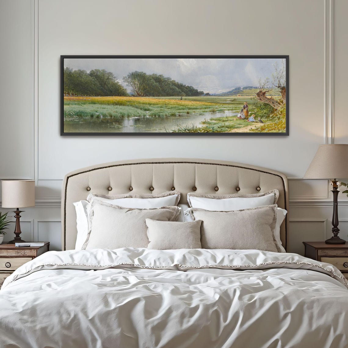 Countryside Landscape With Figures And A Stream Panoramic Wall Art Horizontal Framed Art Above Bed Wall Art Bedroom And Living Room - Image 4