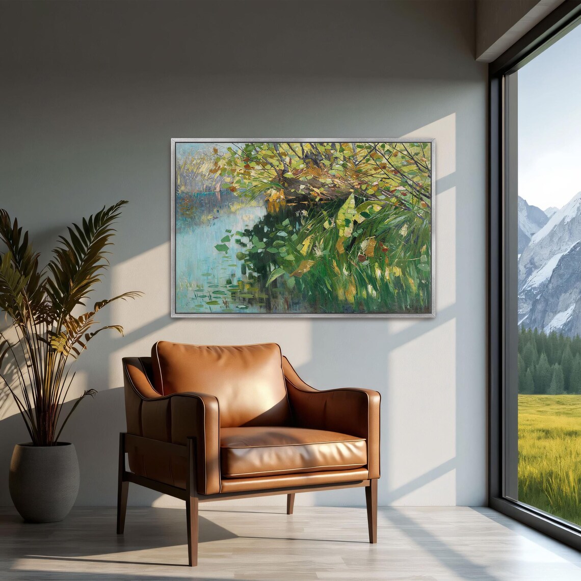 Framed Print Of Forest Pond With Green Foliage Landscape Fine Art Print Green And Blue Bedroom Artwork Rustic Oil Painting - Image 2