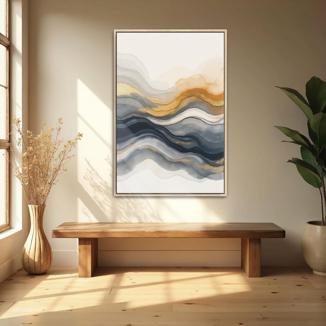 Abstract Gold And Slate Grey Layered Watercolor Wave Art Framed Poster - Image 4