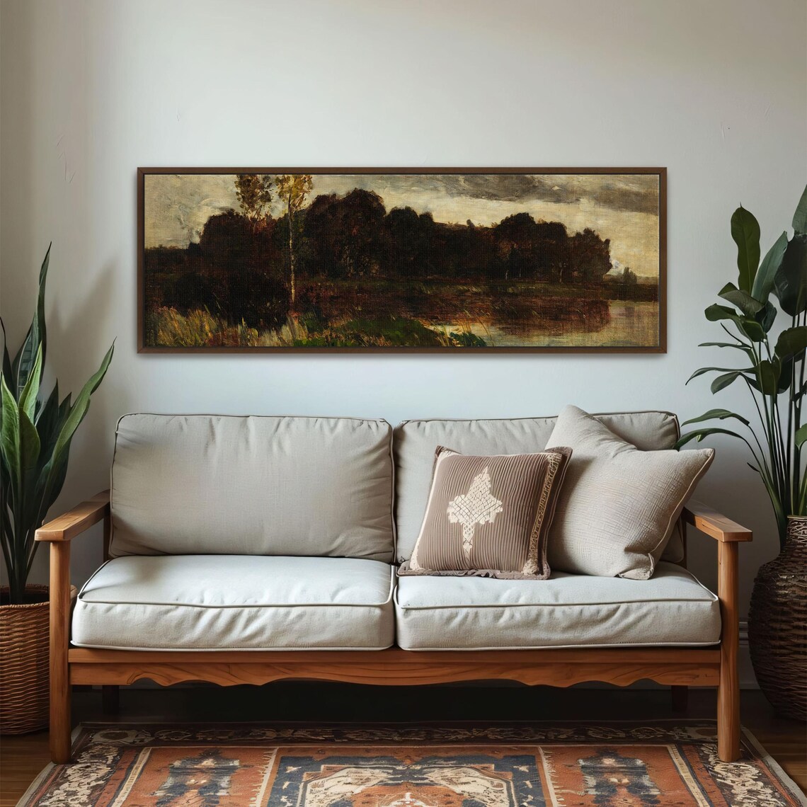 Dark Forest By The Water Impressionist Landscape Panoramic Wall Art Horizontal Framed Art Above Bed Wall Art Bedroom And Living Room - Image 2