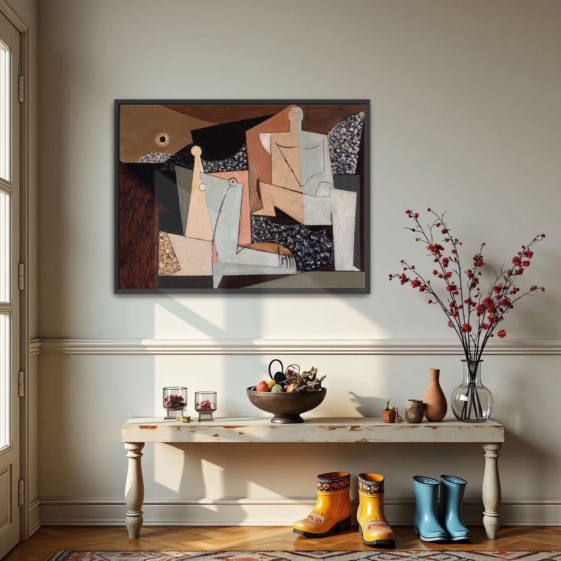 Framed Print Of Two Figures On A Beach With Geometric Shapes Geometric Print Brown And White Bedroom Artwork - Image 3