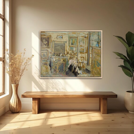 Woman Seated in a Sunlit Blue and Gold Interior Painting Art Poster