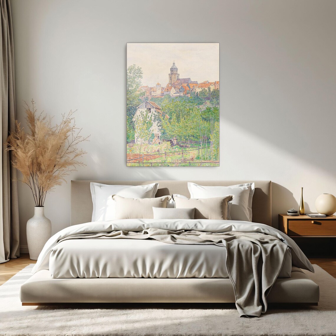 Village Landscape With Church Tower Rustic Watercolor Art Poster - Image 2