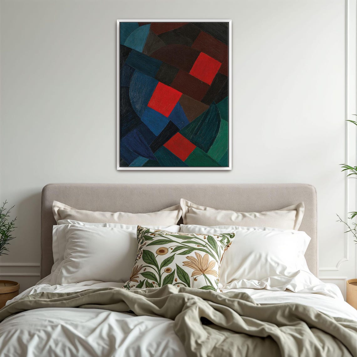 Abstract Geometric Composition with Red Squares and Blue Curves Poster - Image 3