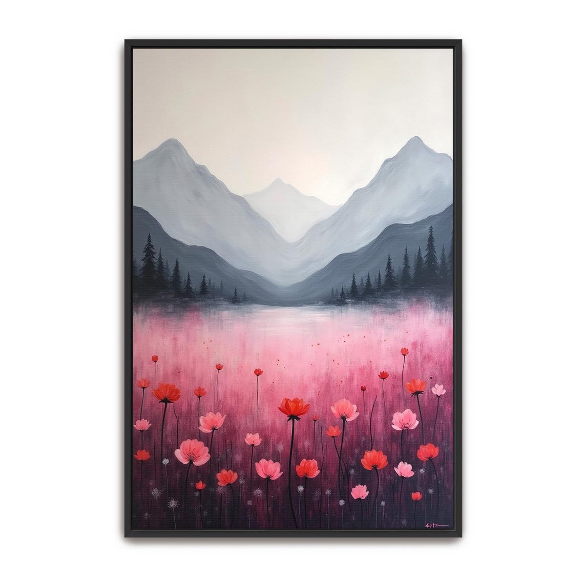 Misty Mountain Lake With Tall Pink And Coral Wildflowers Framed Poster