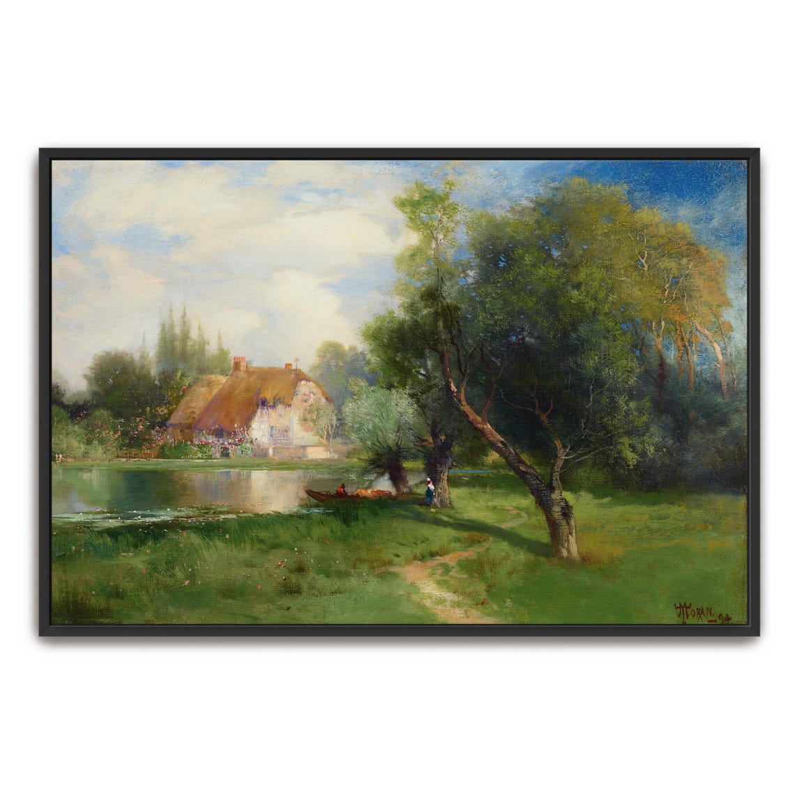Idyllic Cottage By The Lake With A Boat And Leafy Trees Poster