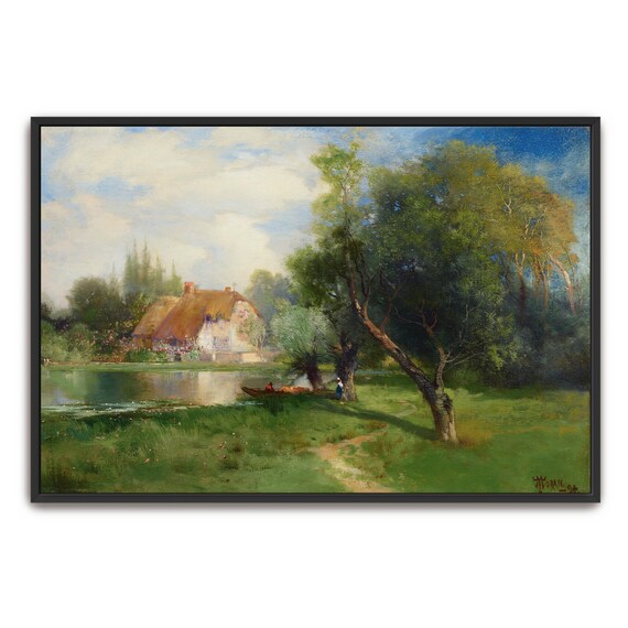 Framed Wall Art Of Cottage By A Lake With Trees Landscape Fine Art Print Green And Blue Entryway Decor Rustic Oil Painting