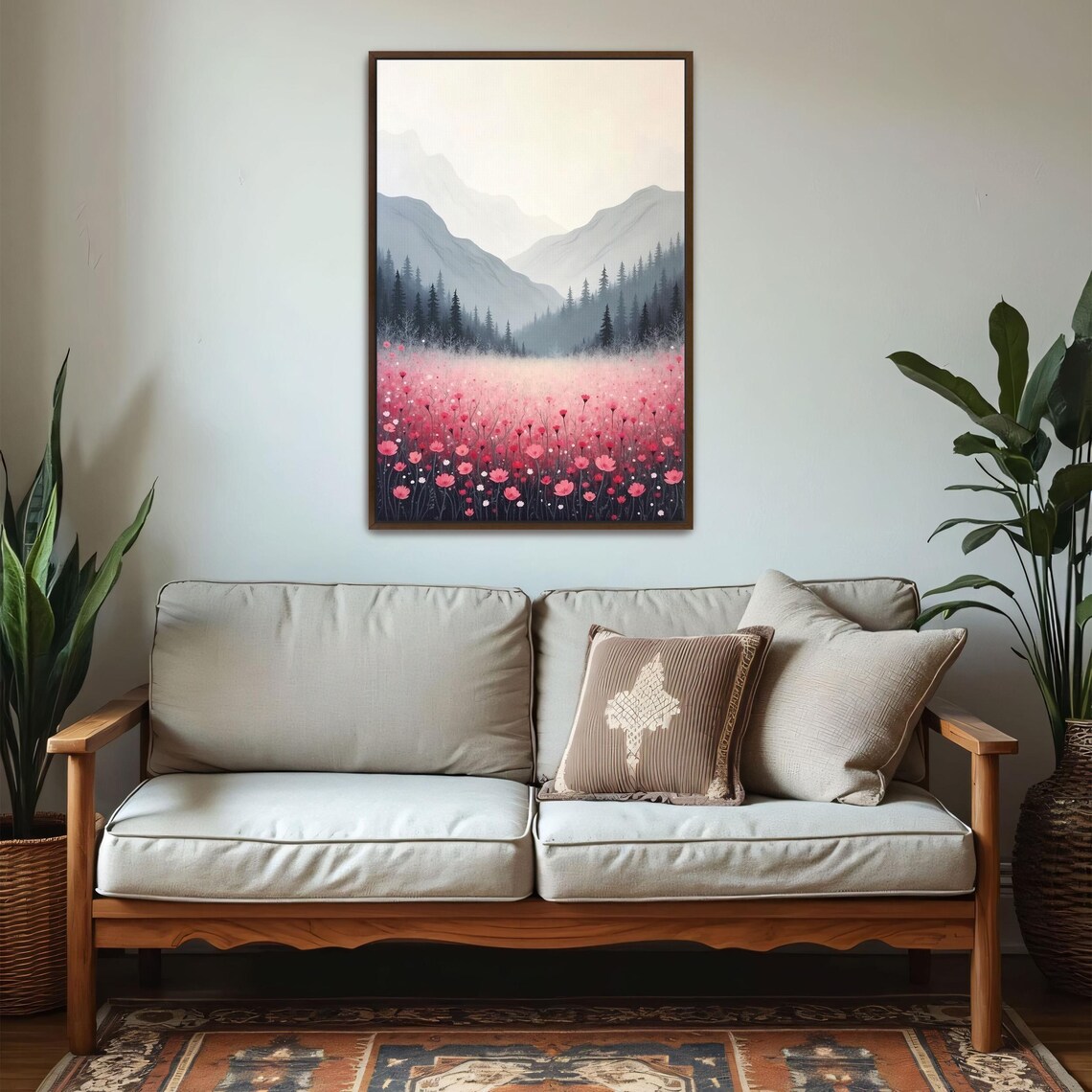 Misty Grey Mountains Rising Over Pink Poppy Meadow Framed Poster - Image 5