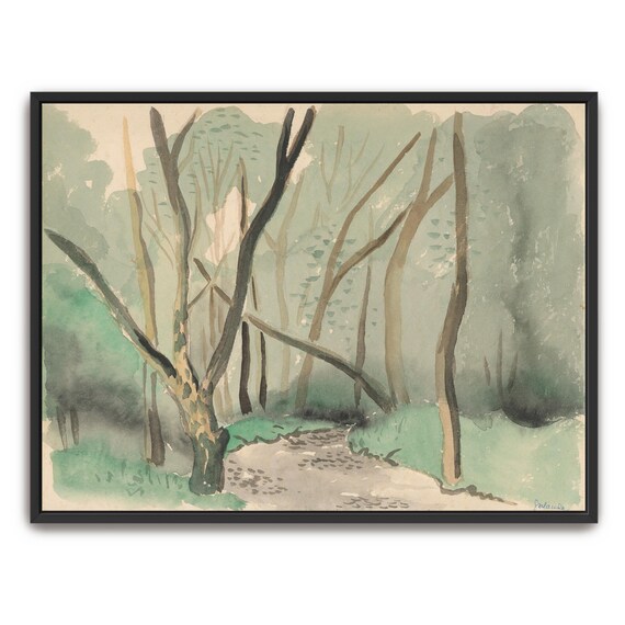 Large Framed Print Of Watercolor Painting Of A Forest Path Landscape Print Green And Brown Entryway Artwork