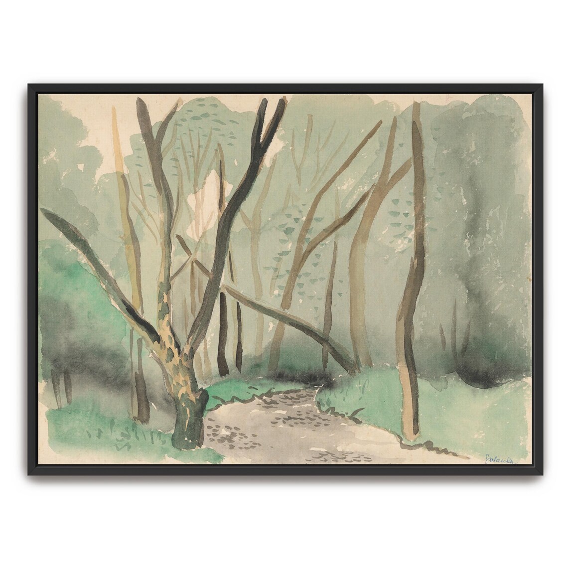 Large Framed Print Of Watercolor Painting Of A Forest Path Landscape Print Green And Brown Entryway Artwork
